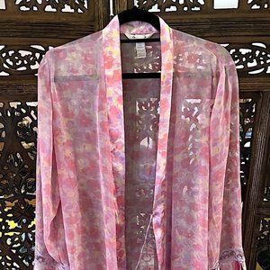 DELICATES PINK MULTICOLOR PASTEL FLORAL PRINT SHEER LONG SLEEVE ROBE MEDIUM